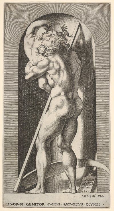 Levy 1: Saturnus nichessä, joka syö poikaansa, seisoo viikatettä, sarjasta m..., 1526. tekijältä Giovanni Jacopo Caraglio