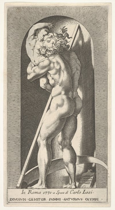 Levy 1: Saturnus nichessä, joka syö poikaansa, seisoo viikatettä, sarjasta m..., 1526. tekijältä Giovanni Jacopo Caraglio