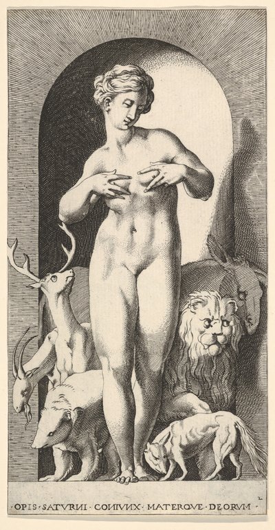 Levy 2: Operaattorit seisovat nichessä kädet rinnoillaan ja katsovat vasemmalle, ja ..., 1526. tekijältä Giovanni Jacopo Caraglio