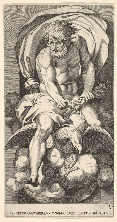 Levy 3: Jupiter nousemassa markkinaraosta, ratsastamassa kotkan päällä ja pitelemässä ukkossalmaa kädessään..., 1526. tekijältä Giovanni Jacopo Caraglio