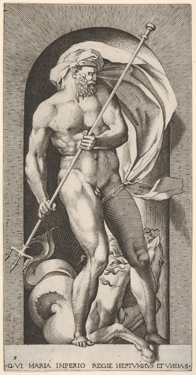 Levy 5: Neptunus seisoo syvennyksessä pitelemässä kolmioharrasta, jossa on hippokampuksen merihevonen beh..., 1526. tekijältä Giovanni Jacopo Caraglio