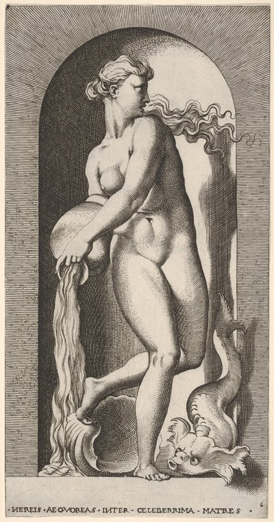Levy 6: Thetis seisoo syvennyksessä kuoren ja merieläimen kanssa, kaatamassa vettä ..., 1526. tekijältä Giovanni Jacopo Caraglio