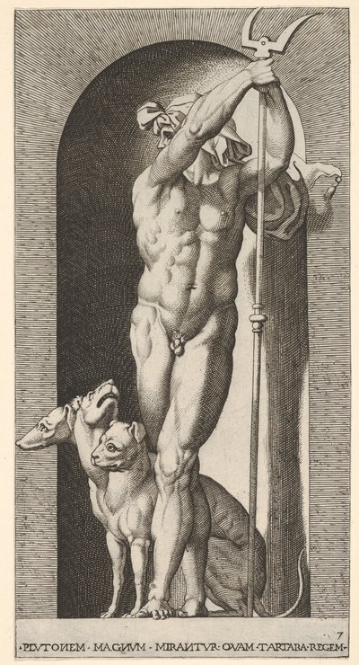 Levy 7: Pluto nichessä, kädessään bidentti, jonka vieressä on Cerberus, sarjasta m..., 1526. tekijältä Giovanni Jacopo Caraglio
