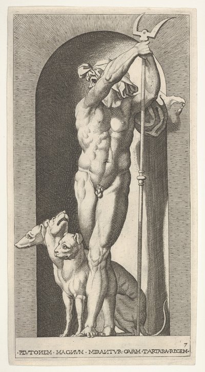 Levy 7: Pluto nichessä, kädessään bidentti, jonka vieressä on Cerberus, sarjasta m..., 1526. tekijältä Giovanni Jacopo Caraglio