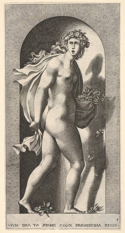 Levy 8: Prosperpina, seisoo kapealla, kääntyy oikealle pitäen vaippaa bo..., 1526. tekijältä Giovanni Jacopo Caraglio