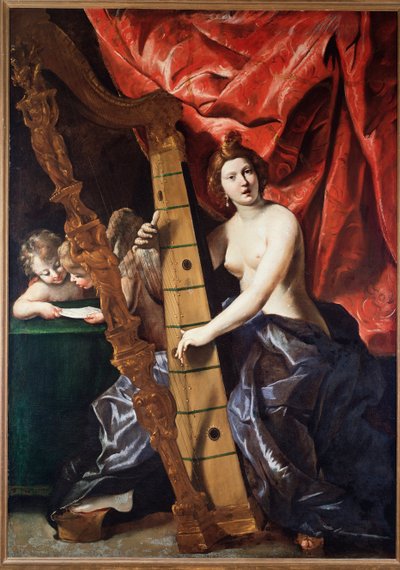 Naismusiikkia soittamassa harppua (Musiikin allegoria). (Maalaus tekijältä Giovanni Lanfranco