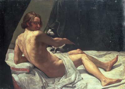 Nuori mies makaa sängyssä kissan kanssa, 1620 tekijältä Giovanni Lanfranco