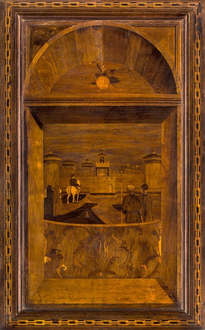 Lignaean Canonical Choir, upotekoriste Giovanni Maria Platina 1484, Superior Stallo, Näkymä Milanon Sforzescon linnalle tekijältä Giovanni Maria Platina