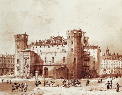 Palazzo Madaman ulkopuolella Torinossa, kirjoittanut Giovanni Migliara (1785-1837) tekijältä Giovanni Migliara