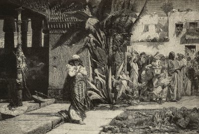 Magdalena, nainen turbaanilla ja kulkue Lähi-idän kylässä, Cantagallin veljien kaiverrus Giovanni Muzziolin (1854-1894) maalauksesta, Modena, Italia L