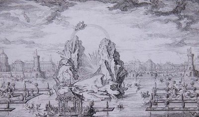 Ilotulitus Dauphinin syntymän (Ludvix XV:n pojan) kunniaksi, kaiverrus Jean Dumont (Le Romain) (1701-81) 1730 (etsaus) tekijältä Giovanni Niccolo (after) Servandoni