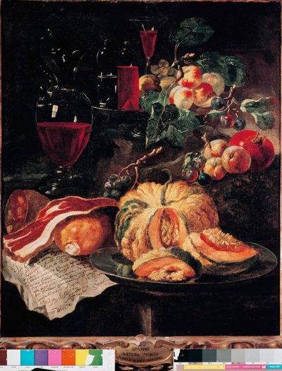 Asetelma Kurpitsa, pekoni, kinkku, persikat ja viini. Giovan Paolo Castellin maalaus dit Lo Spadino (1659-1730) 1703 Rooma, Conservatori capitolini -museo tekijältä Giovanni Paolo Castelli