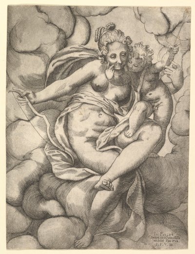 Venus ja Amor pilvissä, 1568. tekijältä Giovanni Paolo Cimerlino
