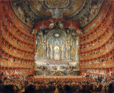 Kardinaali de La Rochefoucauld piti musiikilliset juhlat Teatro Argentinassa Roomassa vuonna 1747 tekijältä Giovanni Paolo Pannini