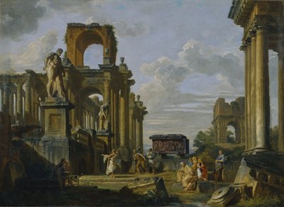 Forum Romanumin arkkitehtoninen capriccio filosofien ja sotilaiden kanssa muinaisten raunioiden joukossa tekijältä Giovanni Paolo Pannini