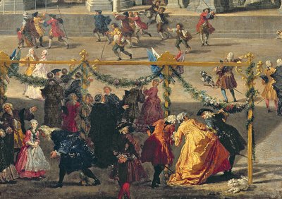 Valmistautuminen ilotulitusnäytökseen, joka pidettiin Piazza Navonalla Roomassa Dauphinin syntymän kunniaksi vuonna 1729 (91023:n yksityiskohta) tekijältä Giovanni Paolo Pannini