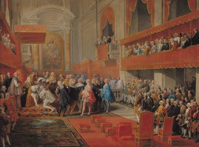 Paul-Hippolyte de Beauvillers (1684-1776) Saint-Aignanin herttuan Pyhän Hengen ritarikunnan esitys prinssi Vainille vuonna 1732, noin 1752 tekijältä Giovanni Paolo Pannini