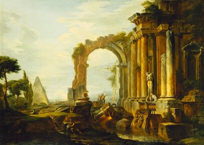 Klassisten raunioiden capriccio Cestiuksen pyramidin ja hahmojen kanssa maisemassa, tekijältä Giovanni Paolo Pannini