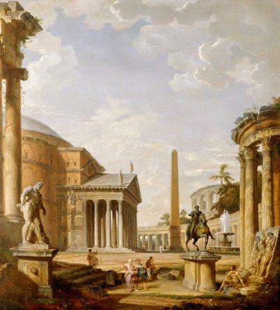 Roomalaisten raunioiden Capriccio Pantheonin kanssa (öljy kankaalle) tekijältä Giovanni Paolo Pannini