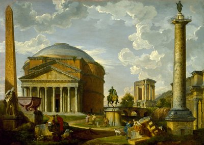 Fantasianäkymä Pantheonin ja muiden antiikin Rooman monumenttien kanssa tekijältä Giovanni Paolo Pannini