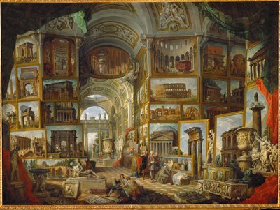 Galleria antiikin Rooman näkymistä, maalattu ... tekijältä Giovanni Paolo Pannini or Panini
