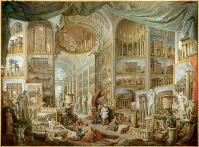 Keräilijän galleria. Galleria muinaisen Rooman näkymistä. Giovanni Paolo Panninin (Panini) maalaus (1691-1765) tekijältä Giovanni Paolo Pannini
