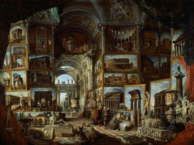 Giovanni Paolo Panninin (1691-1765) kuvitteellinen galleria antiikin Rooman näkymistä, noin 1756, öljy kankaalle tekijältä Giovanni Paolo Pannini