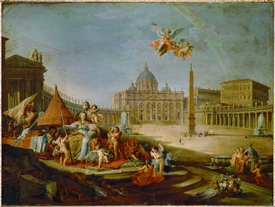 Pyhän Pietarin aukio, jossa on vertauskuvana paaviuden voitto ... tekijältä Giovanni Paolo Pannini or Panini