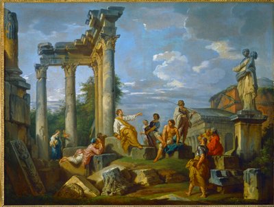 Predator keskellä raunioita Roomassa rikastettu luvut, Pantheon ja patsas Flora ... (maalaus kankaalle) tekijältä Giovanni Paolo Pannini or Panini
