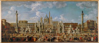 Valmistelut ilotulitusnäytöstä ja juhlallisuuksien koristeluista Piazza Navonalla Roomassa 30. marraskuuta ... tekijältä Giovanni Paolo Pannini or Panini
