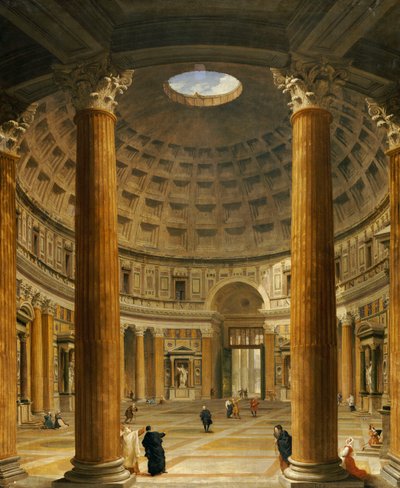 Pantheonin sisätilat, Rooma, katsoen pohjoiseen pääalttarista sisäänkäynnille, 1732 tekijältä Giovanni Paolo Pannini