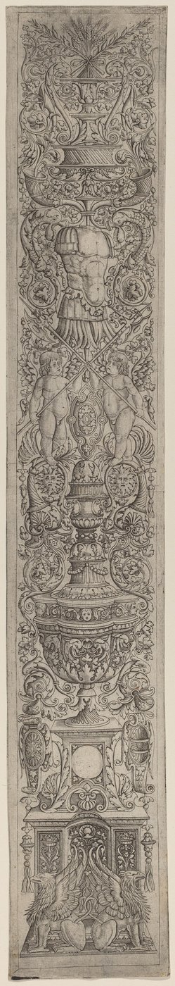Koristepaneeli: Griffins and Two Cupids Crossing Halberds tekijältä Giovanni Pietro Birago and Zoan Andrea