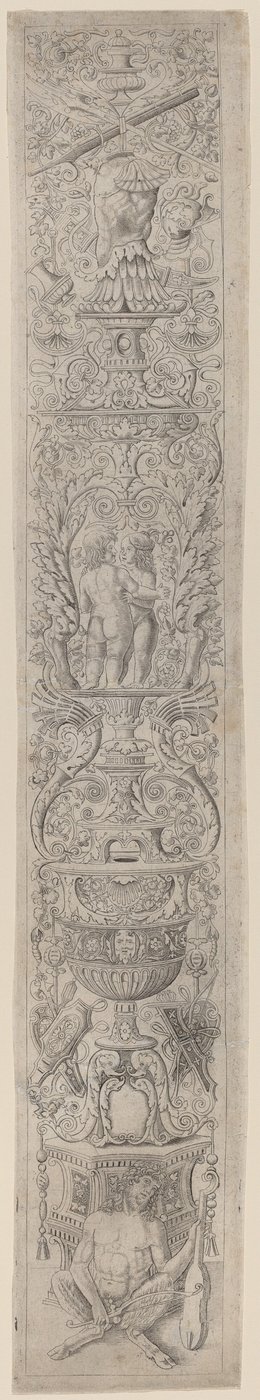 Ornamenttipaneeli: Satyr pitelee viulua tekijältä Giovanni Pietro Birago and Zoan Andrea