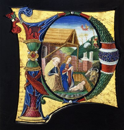 Suuri historiallinen alkukirjain "P", joka kuvaa syntymäkohtausta, n. 1490 tekijältä Giovanni Pietro Medici Da Crema