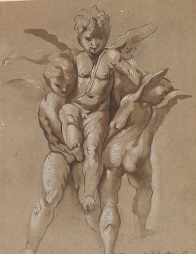 Kaksi puttia kantamassa kolmatta puttia (recto); Nuori henkilökunnan kanssa (käänteinen) tekijältä Giovanni Pietro Possenti
