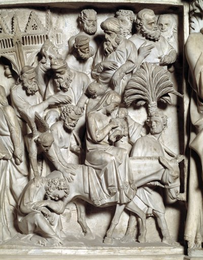 Yksityiskohta Giovanni Pisanon (1248-1314) tuolin reliefeistä: Yksityiskohta marmorisaarnatuolien reliefeistä, lento Egyptiin 1302-1311 Cathedrale de Pisa (Duomo di Pisa), Italia tekijältä Giovanni Pisano