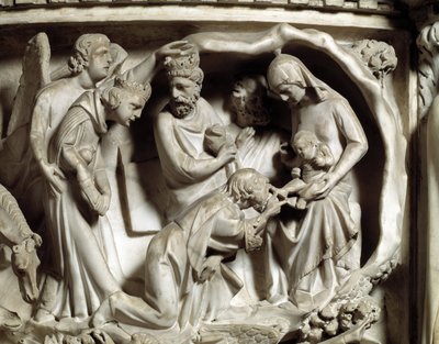 Yksityiskohta Giovanni Pisanon (1248-1314) tuolin reliefeistä: Yksityiskohta marmorisaarnatuolien reliefeistä, maagien palvonta 1302-1311 Pisan katedraali (Duomo di Pisa), Italia tekijältä Giovanni Pisano