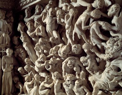 Yksityiskohta Giovanni Pisanon (1248-1314) toteuttamista tuolin reliefeistä: damns (Yksityiskohta marmorisaarnatuolien reliefeistä) 1302-1311 Cathedrale de Pisa (Duomo di Pisa), Italia tekijältä Giovanni Pisano