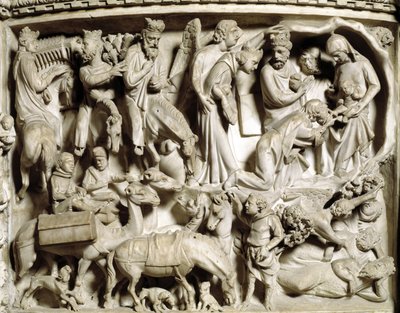 Yksityiskohta Giovanni Pisanon (1248-1314) toteuttamista tuolin reliefeistä: tieteiden matka ja palvonta (Yksityiskohta marmorisaarnatuolien reliefeistä, maagien matkasta ja palvonnasta) 1302-1311 Pisan katedraali (Duomo di Pisa), Italia tekijältä Giovanni Pisano