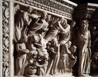 Yksityiskohta Giovanni Pisanon (1248-1314) toteuttamista tuolin kohokuvioista: Johannes Kastajan julistus, vierailu ja syntymä (Yksityiskohta marmorisaarnatuolien reliefeistä, julistus, vierailu ja Pyhän Johannes Kastajan syntymä) 1302 -1311 Cath tekijältä Giovanni Pisano