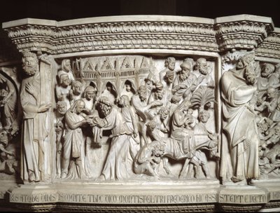 Yksityiskohta Giovanni Pisanon (1248-1314) toteuttamista tuolin reliefeistä: Jeesuksen esittely temppelissä ja pako Egyptiin (Marmorisaarnatuolien reliefeistä) 1302-1311 Pisan katedraali (Duomo di Pisa) , Italia tekijältä Giovanni Pisano