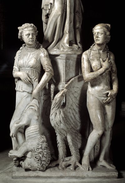 Yksityiskohta Giovanni Pisanon (1248-1314) tuolia tukevista veistoksista: kaksi keskeistä hyvettä (Marmorisaarnatuolia tukevien veistosten yksityiskohdat, kaksi päähyvettä) 1302-1311 Pisan katedraali (Duomo di Pisa), Italia tekijältä Giovanni Pisano