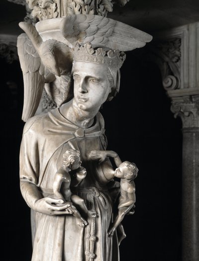 Yksityiskohta Giovanni Pisanon (1248-1314) tuolia tukevista veistoksista: kirkko ruokkimassa lapsiaan (Yksityiskohta marmorista saarnatuolia tukevista veistosista, kirkko ruokkii lapsiaan) 1302-1311 Pisan katedraali (Duomo di Pis) tekijältä Giovanni Pisano