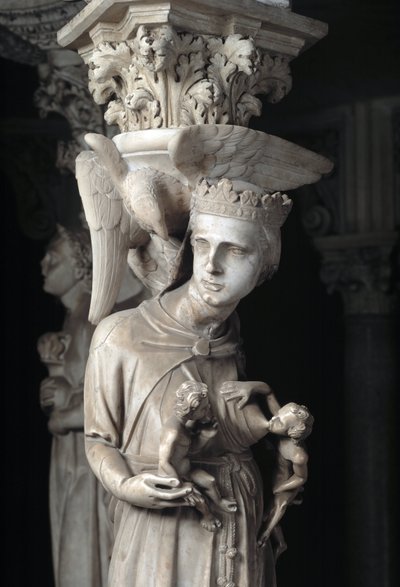 Yksityiskohta Giovanni Pisanon (1248-1314) tuolia tukevista veistoksista: kirkko ruokkimassa lapsiaan (Yksityiskohta marmorista saarnatuolia tukevista veistosista, kirkko ruokkii lapsiaan) 1302-1311 Pisan katedraali (Duomo di Pis) tekijältä Giovanni Pisano