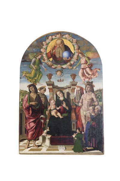 Madonna ja lapsi valtaistuimella pyhimysten kanssa tekijältä Giovanni Santi