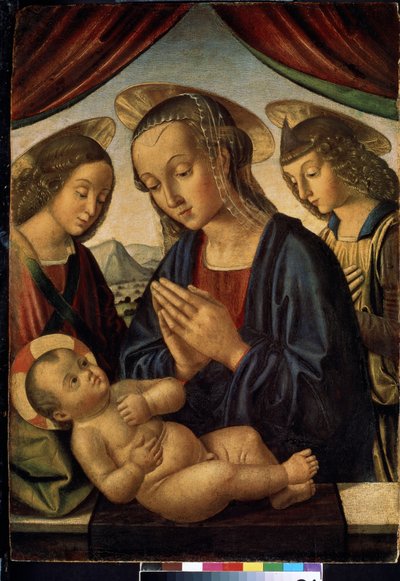 Neitsyt ja lapsi enkelien kanssa (tempera paneelissa) tekijältä Giovanni Santi