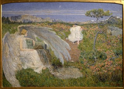 Elämän rakkauden lähde: Enkeli katselee parin kävelemistä unenomaisessa maisemassa tekijältä Giovanni Segantini