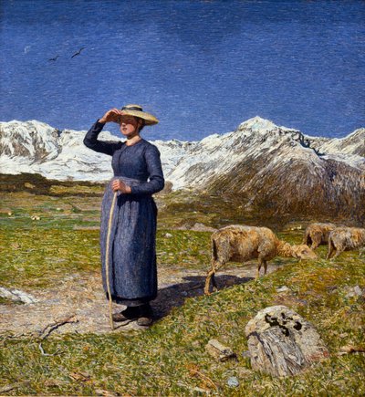 Keskipäivällä Alpeilla Bergeri suojaa silmiään auringolta. Giovanni Segantinin (1858-1899) maalaus 1891 su. 7,5x71,57 cm Collection O. Fischebacher tekijältä Giovanni Segantini