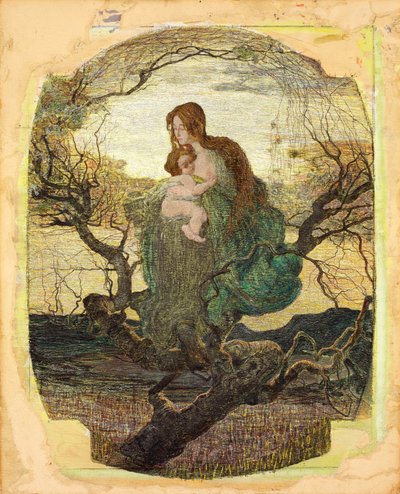 Elämän enkeli - Peinture de Giovanni Segantini (1858-1899) - 1894-1895 - Vesiväri, guassi, kulta ja valkoinen värit paperille - 59,5x47,9 - Szepmuveszeti Muzeum, Budapest tekijältä Giovanni Segantini