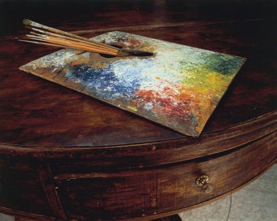 Giovanni Segantinin (1858-1899) maalarin paletti käytti työpajassaan Malojan solalla Sveitsissä. tekijältä Giovanni Segantini